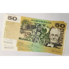 AUSTRALIA 1973 . FIFTY 50 DOLLARS BANKNOTE . PHILLIPS/WHEELER . ERROR . INK TRANSFER . CONSEC PAIR